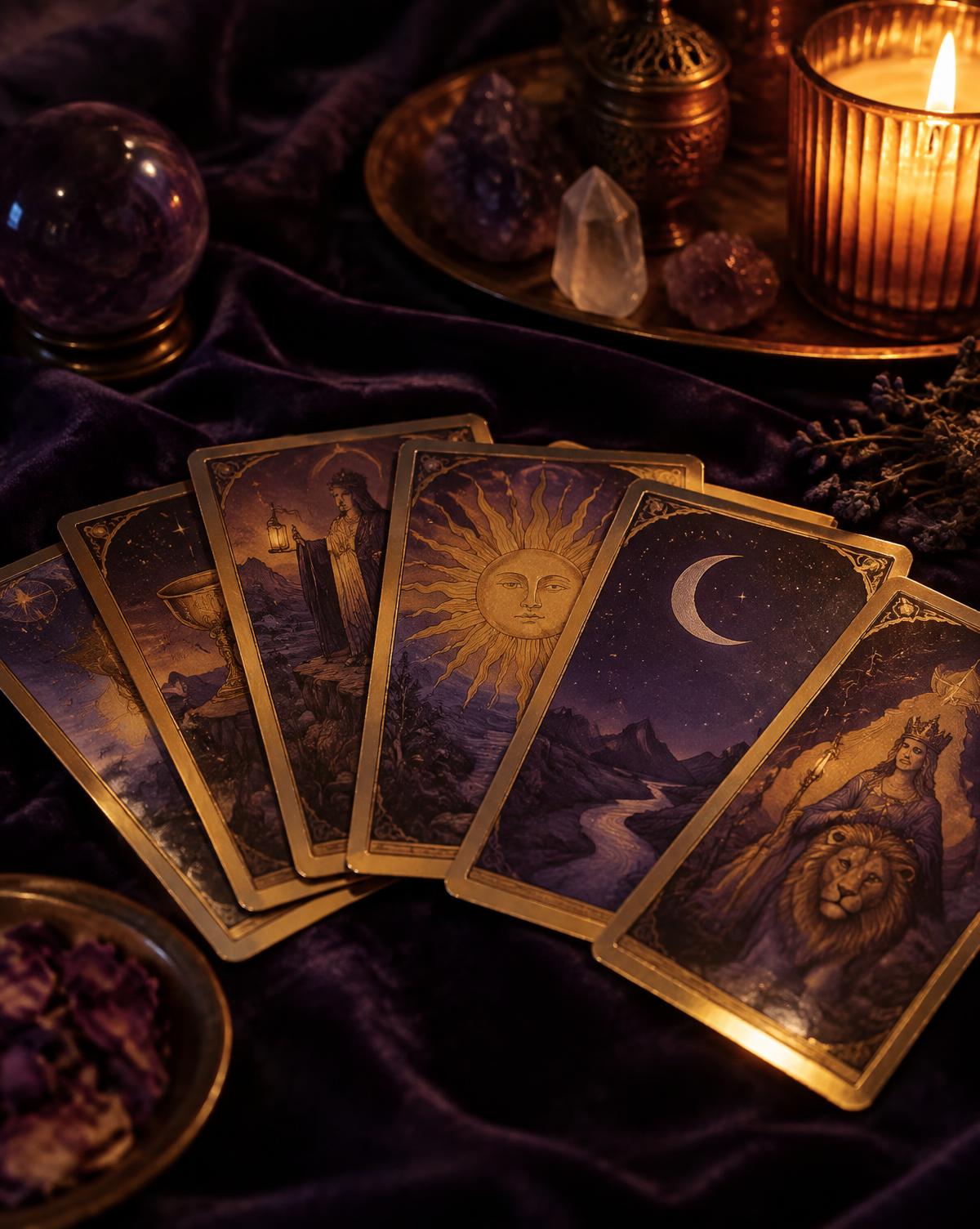 Tarot cards fanned across dark velvet by candlelight